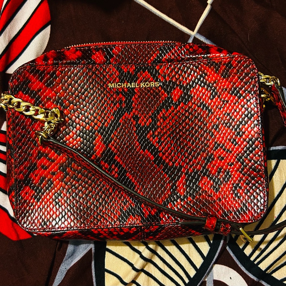 Michael Kors Red and Black Snake Print Crossbody Bag
